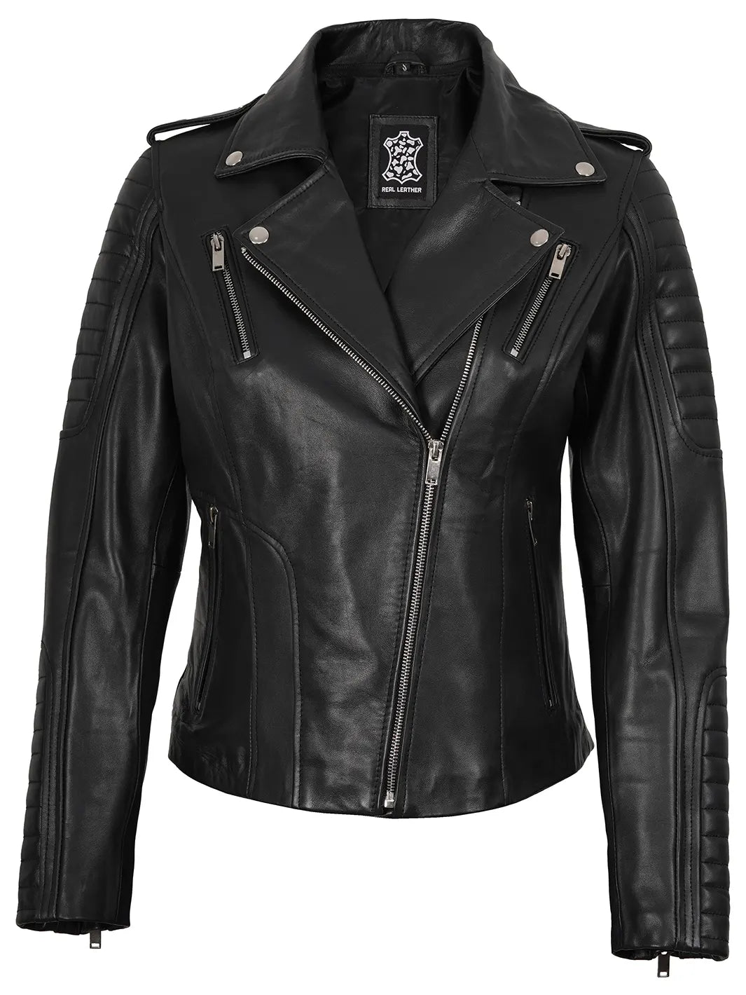 Womens Black Leather Biker Style Jacket With Removable Hood