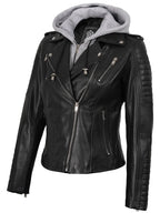 Womens Black Leather Biker Style Jacket With Removable Hood