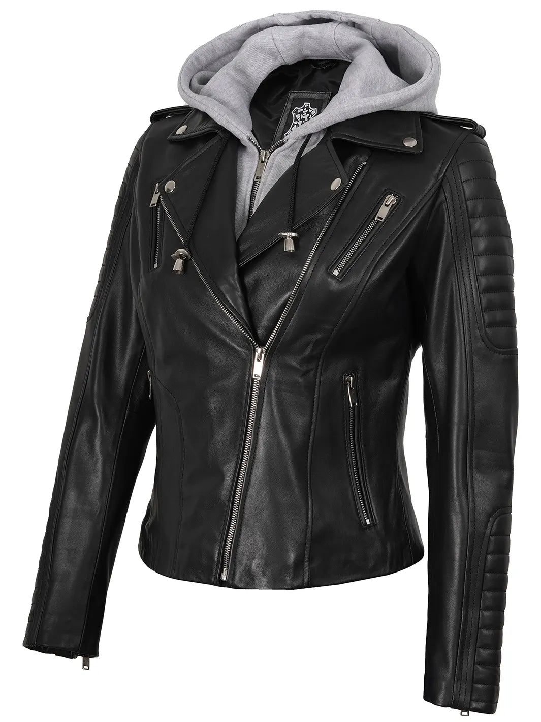 Womens Black Leather Biker Style Jacket With Removable Hood