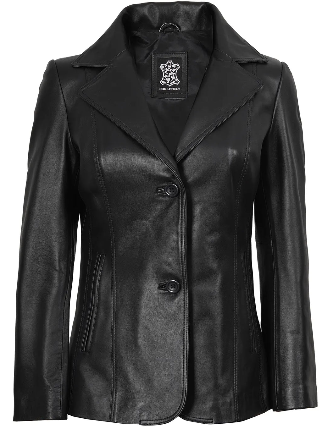 Women's Black Two Button Leather Blazer Jacket