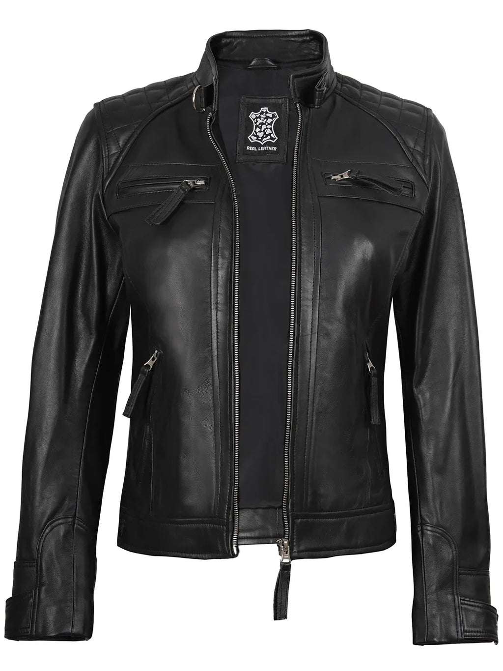 Johnson Women Black Quilted Biker Style Leather Jacket