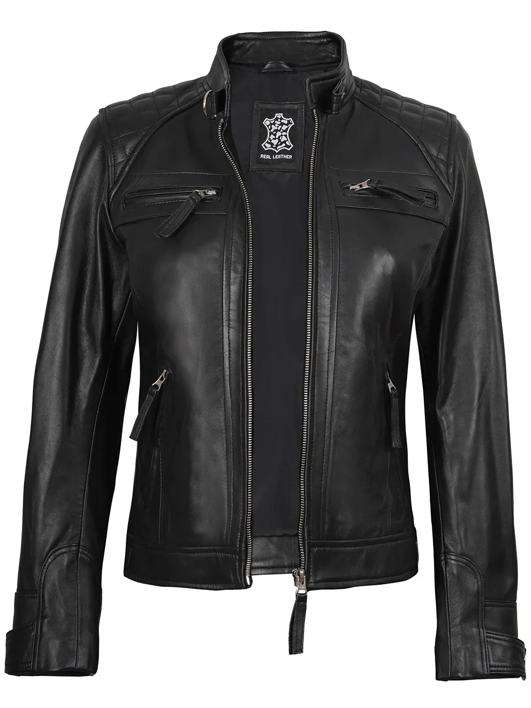 Johnson Women Black Quilted Biker Style Leather Jacket