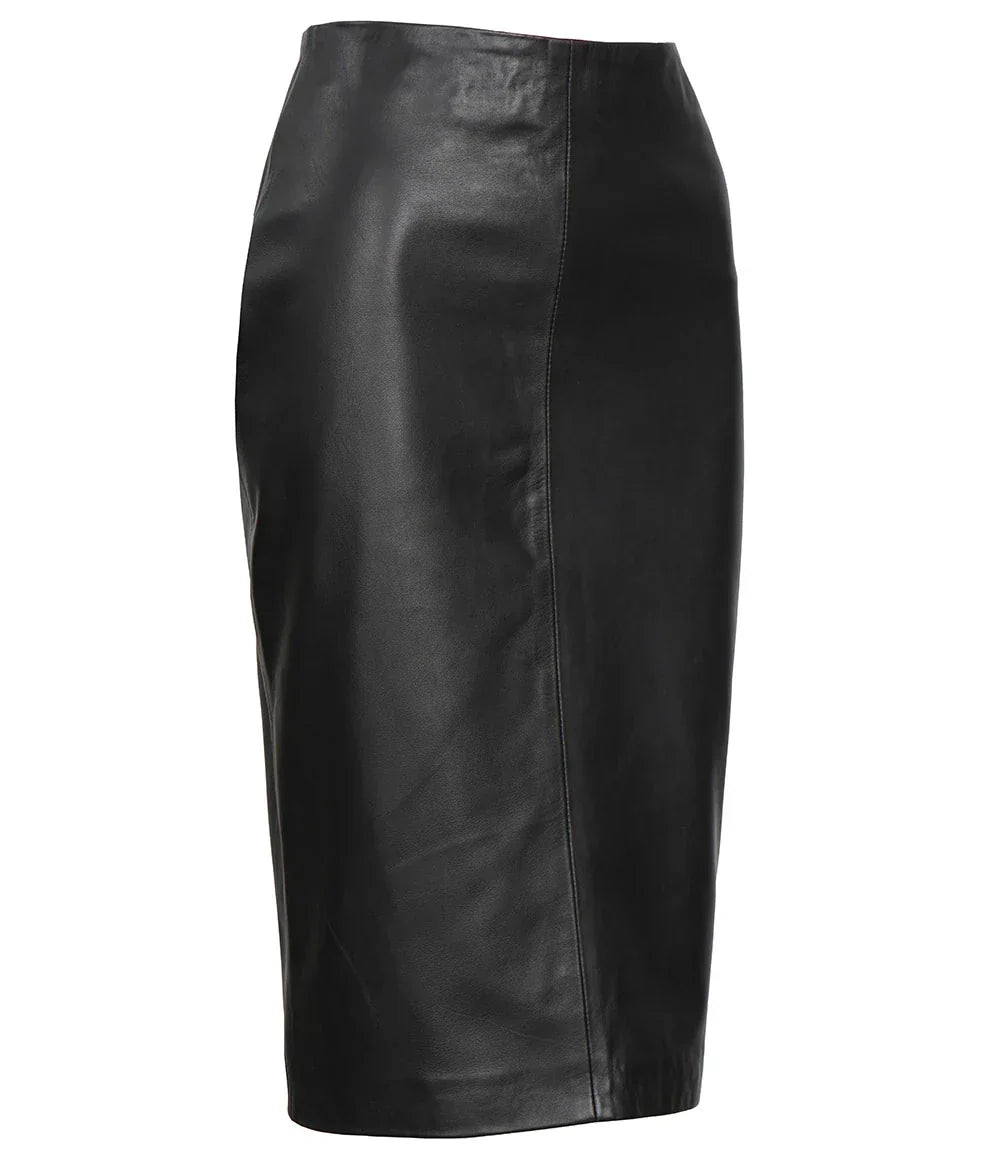 Women's Black Midi Leather Pencil Skirt with Back Slit