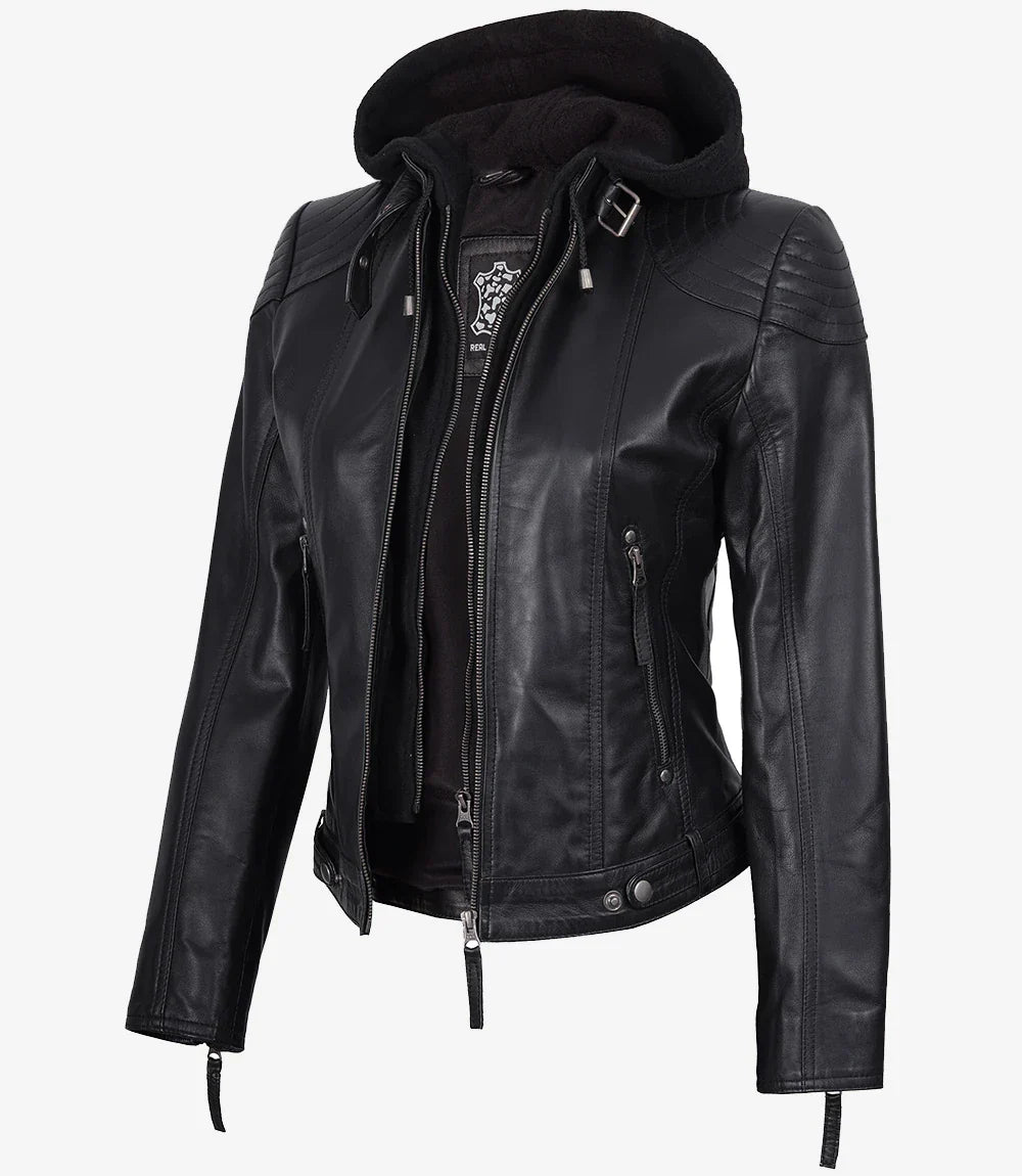 Women's Black Leather Jacket With Removable Hood