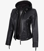 Women's Black Leather Jacket With Removable Hood
