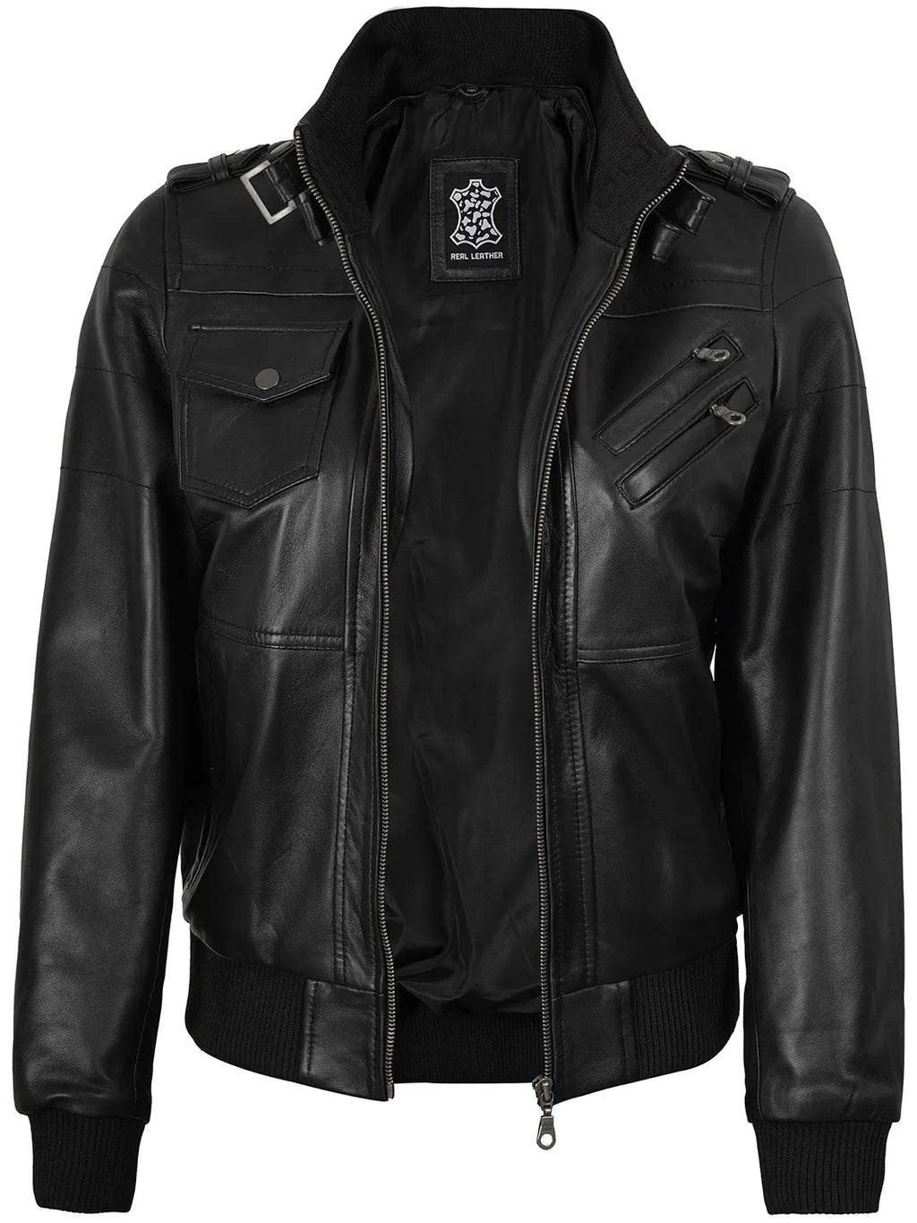 Edinburgh Women's Bomber Black Leather Jacket with Removable Hood