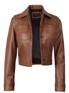 Mable Womens Cognac Brown Cropped Shirt Collar Leather Jacket