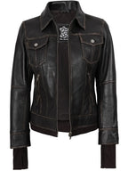 Tralee Women Dark Brown Bomber Leather Jacket With Removable Hood