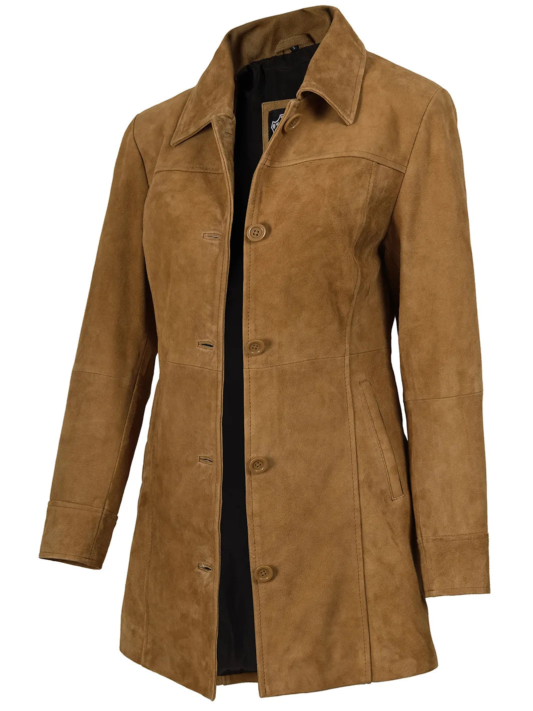 Kandis Womens Camel Brown Suede Car Coat