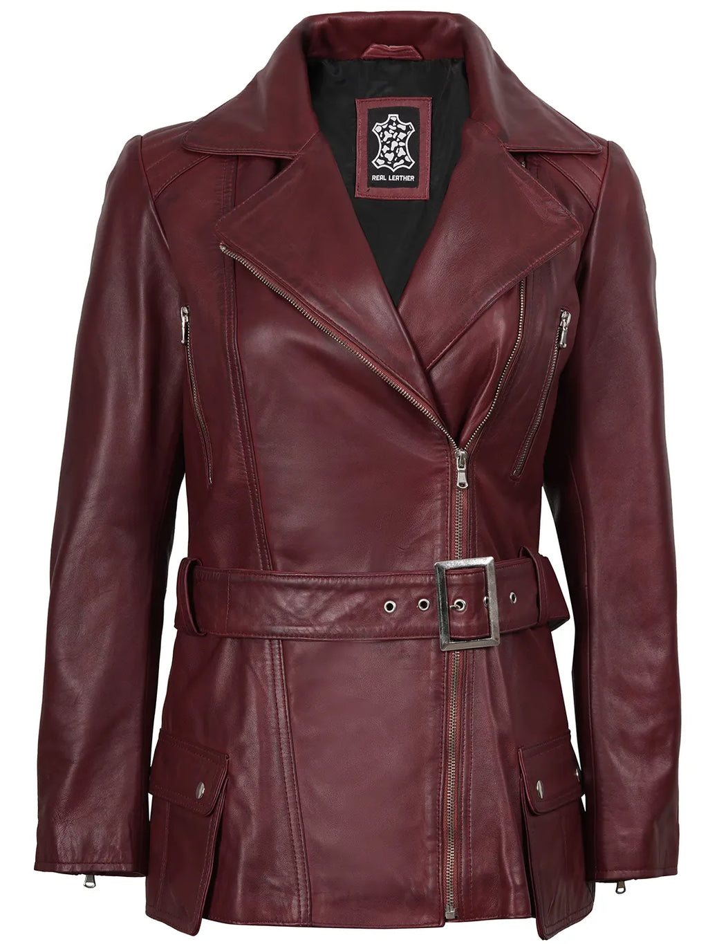 Women's Burgundy Asymmetrical Biker Style Real Leather Jacket