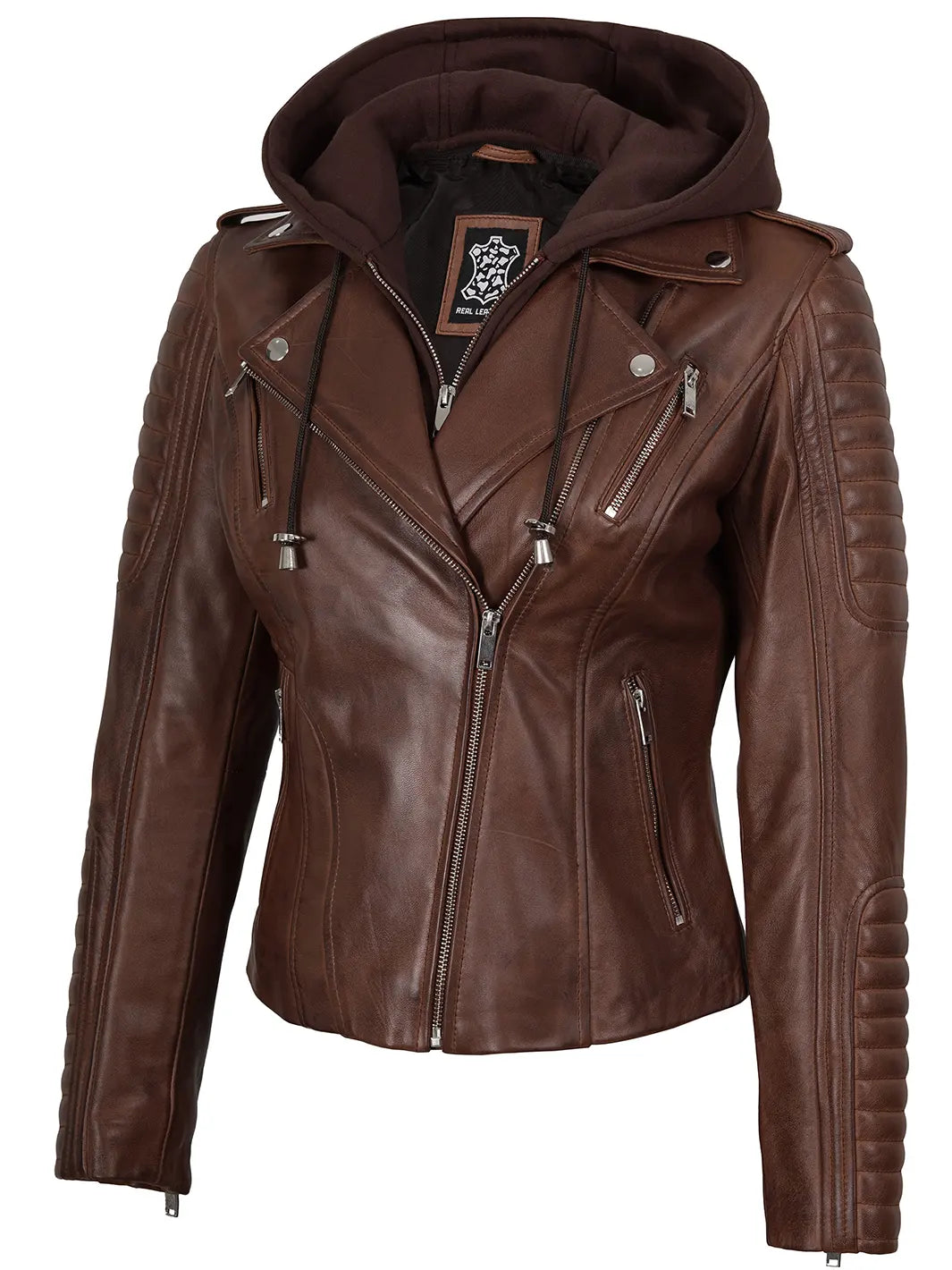 Bagheria Womens Cognac Biker Style Leather Jacket With Removable Hood
