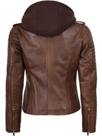 Bagheria Womens Cognac Biker Style Leather Jacket With Removable Hood