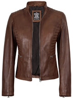 Rachel Women's Cognac Brown Biker Style Leather Jacket