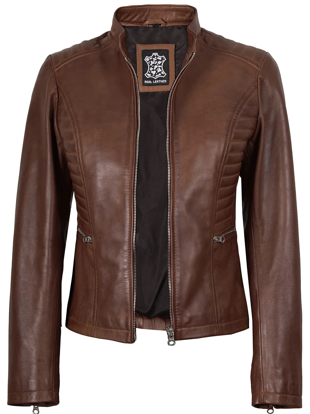 Rachel Women's Cognac Brown Biker Style Leather Jacket