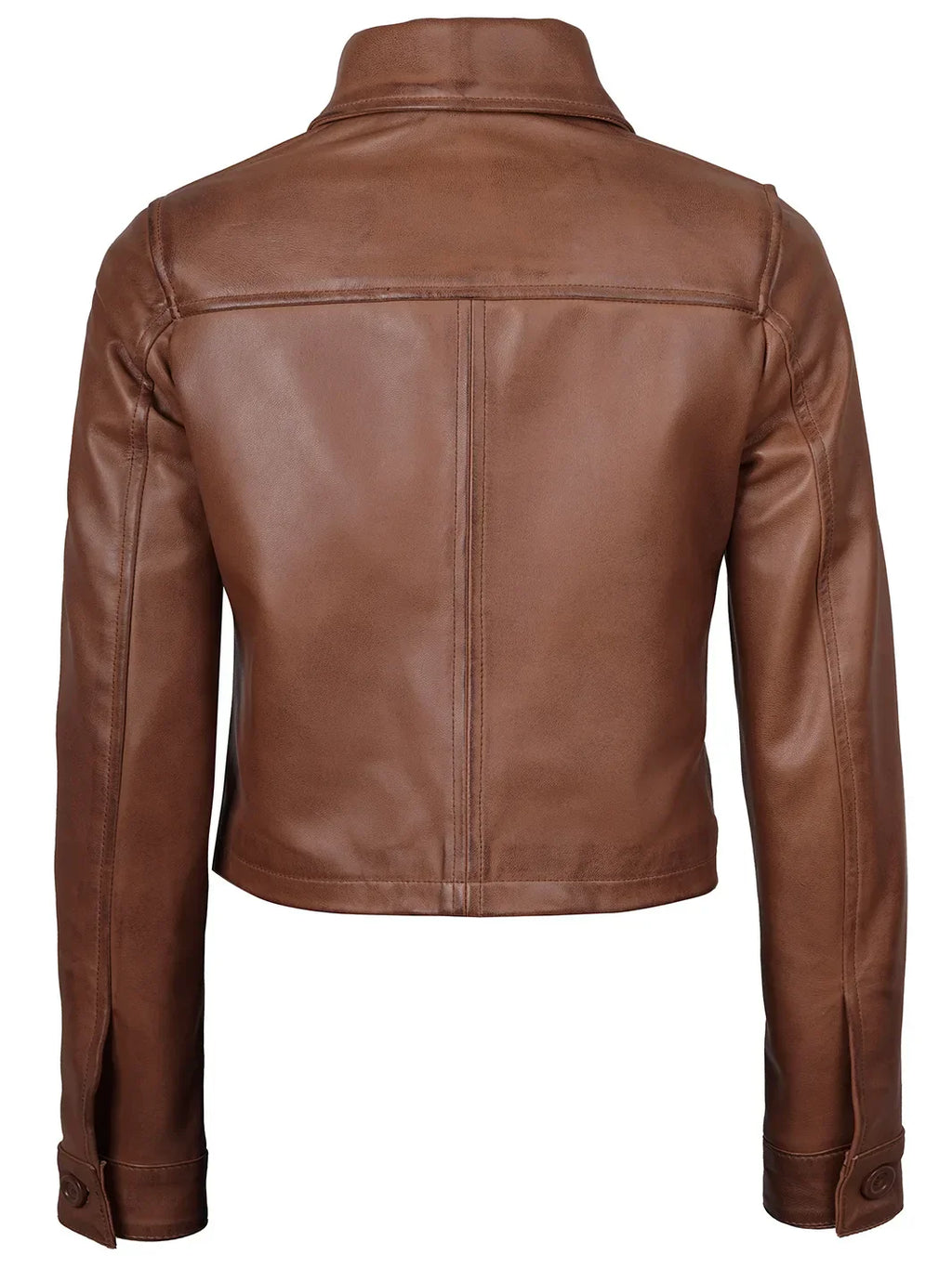 Mable Womens Cognac Brown Cropped Shirt Collar Leather Jacket