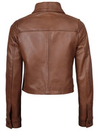 Mable Womens Cognac Brown Cropped Shirt Collar Leather Jacket
