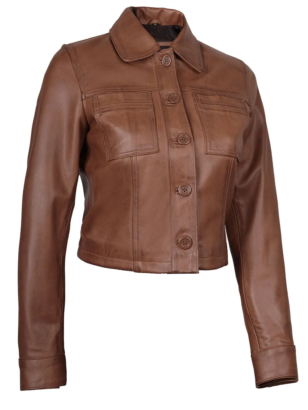 Mable Womens Cognac Brown Cropped Shirt Collar Leather Jacket