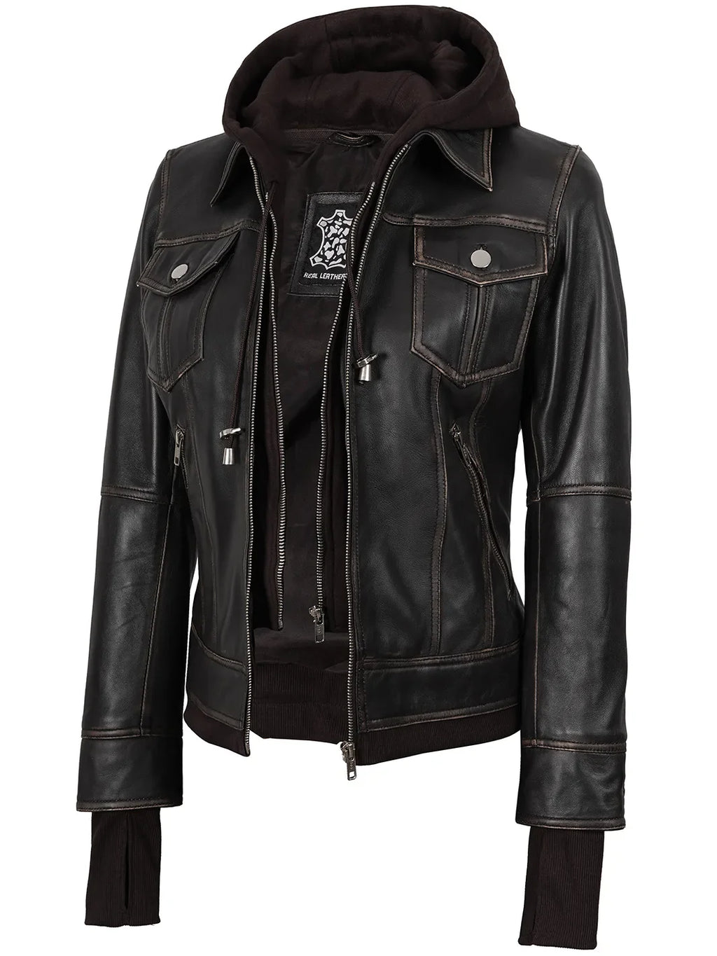 Tralee Women Dark Brown Bomber Leather Jacket With Removable Hood