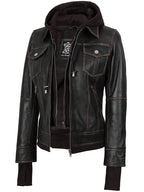 Tralee Women Dark Brown Bomber Leather Jacket With Removable Hood