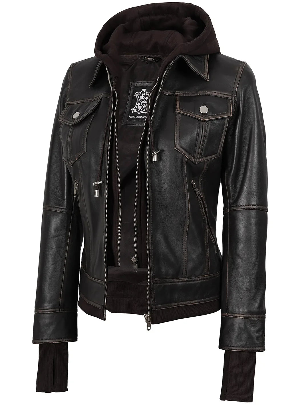 Tralee Women Dark Brown Bomber Leather Jacket With Removable Hood