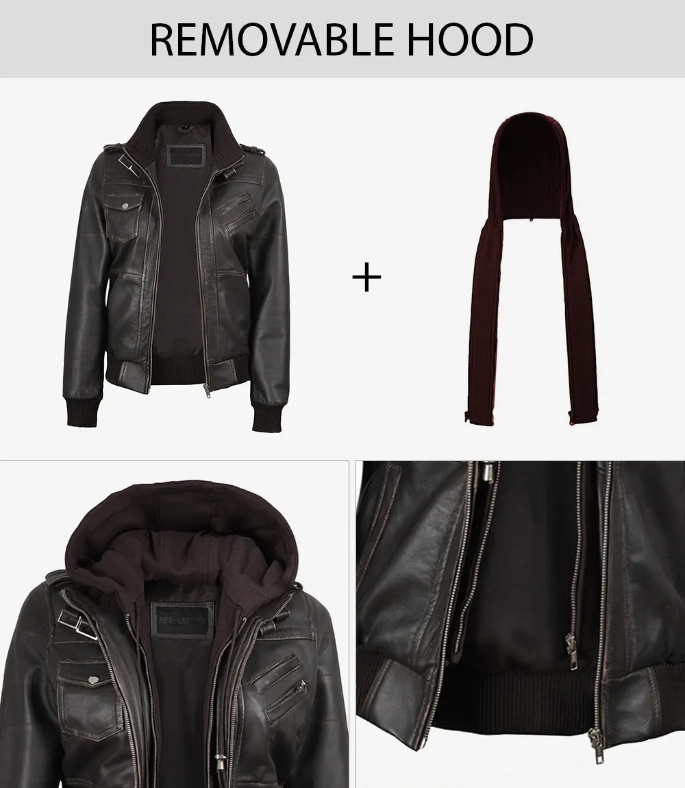Women's Dark Brown Rub Off Leather Jacket with Removable Hood