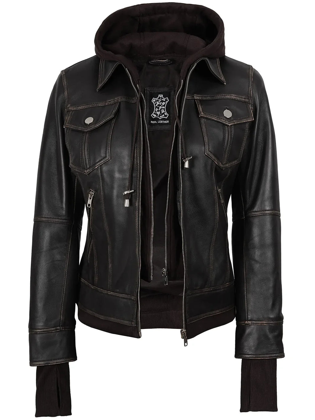 Tralee Women Dark Brown Bomber Leather Jacket With Removable Hood