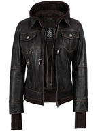Tralee Women Dark Brown Bomber Leather Jacket With Removable Hood