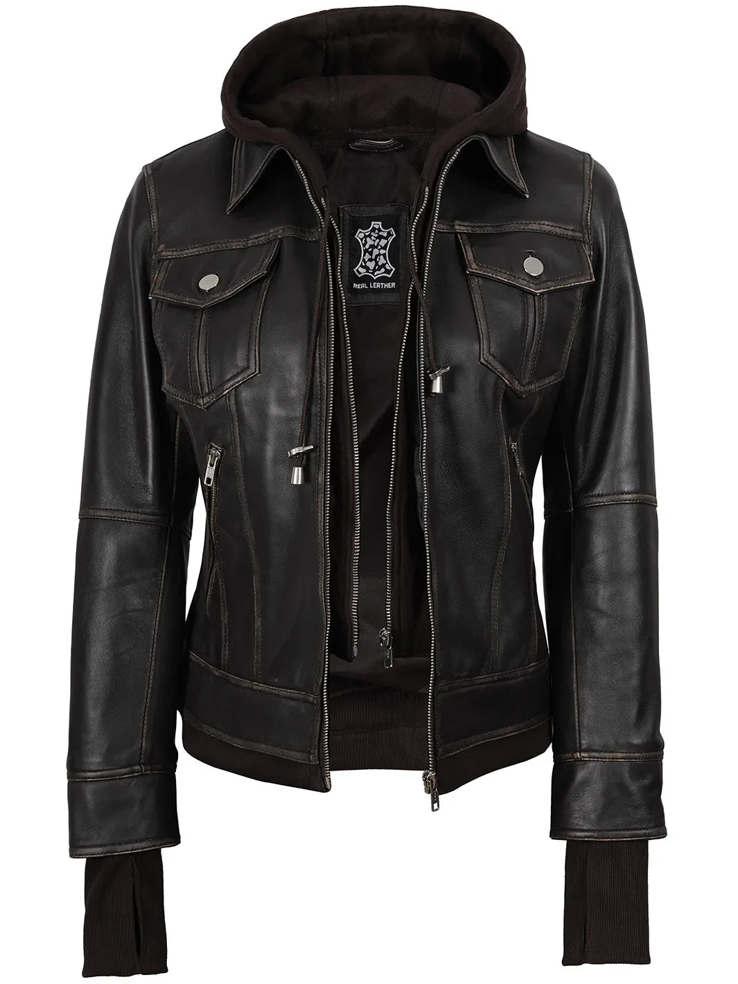 Tralee Women Dark Brown Bomber Leather Jacket With Removable Hood