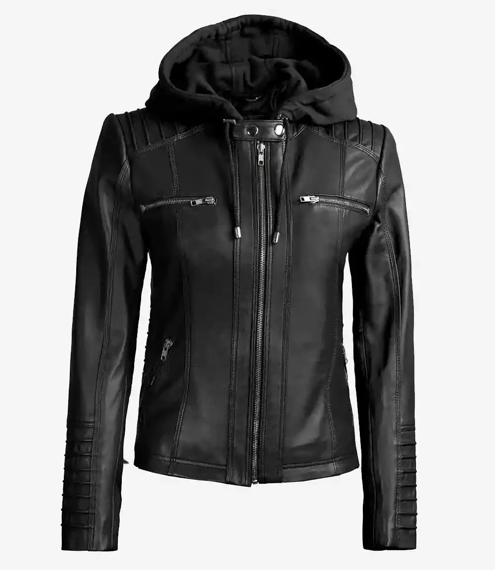 Women's Black Leather Jacket With Removable Hood
