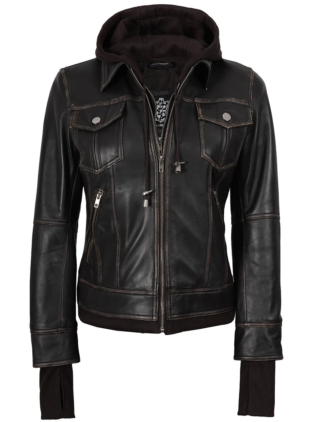Tralee Women Dark Brown Bomber Leather Jacket With Removable Hood