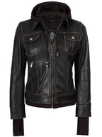 Tralee Women Dark Brown Bomber Leather Jacket With Removable Hood