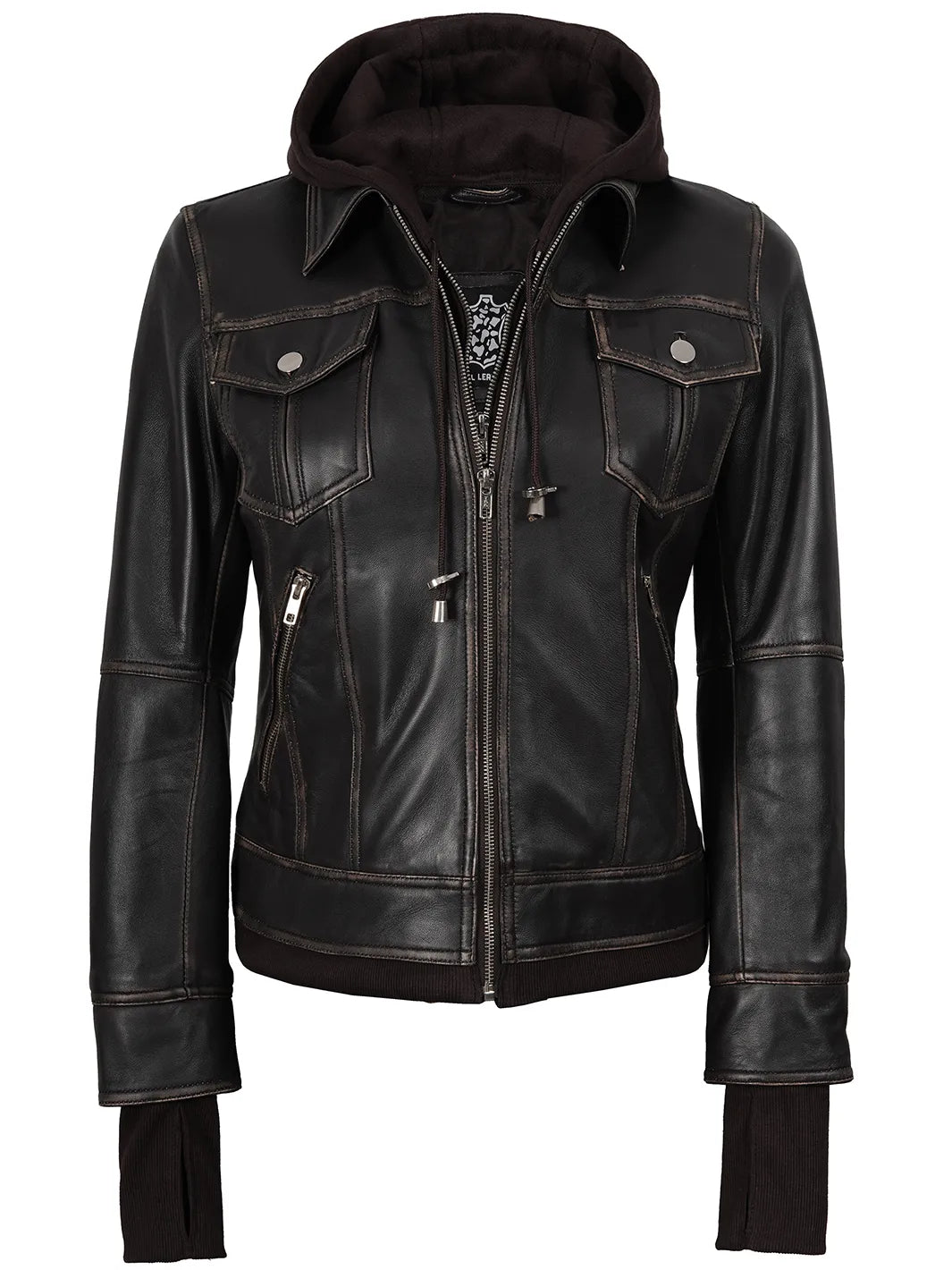 Tralee Women Dark Brown Bomber Leather Jacket With Removable Hood