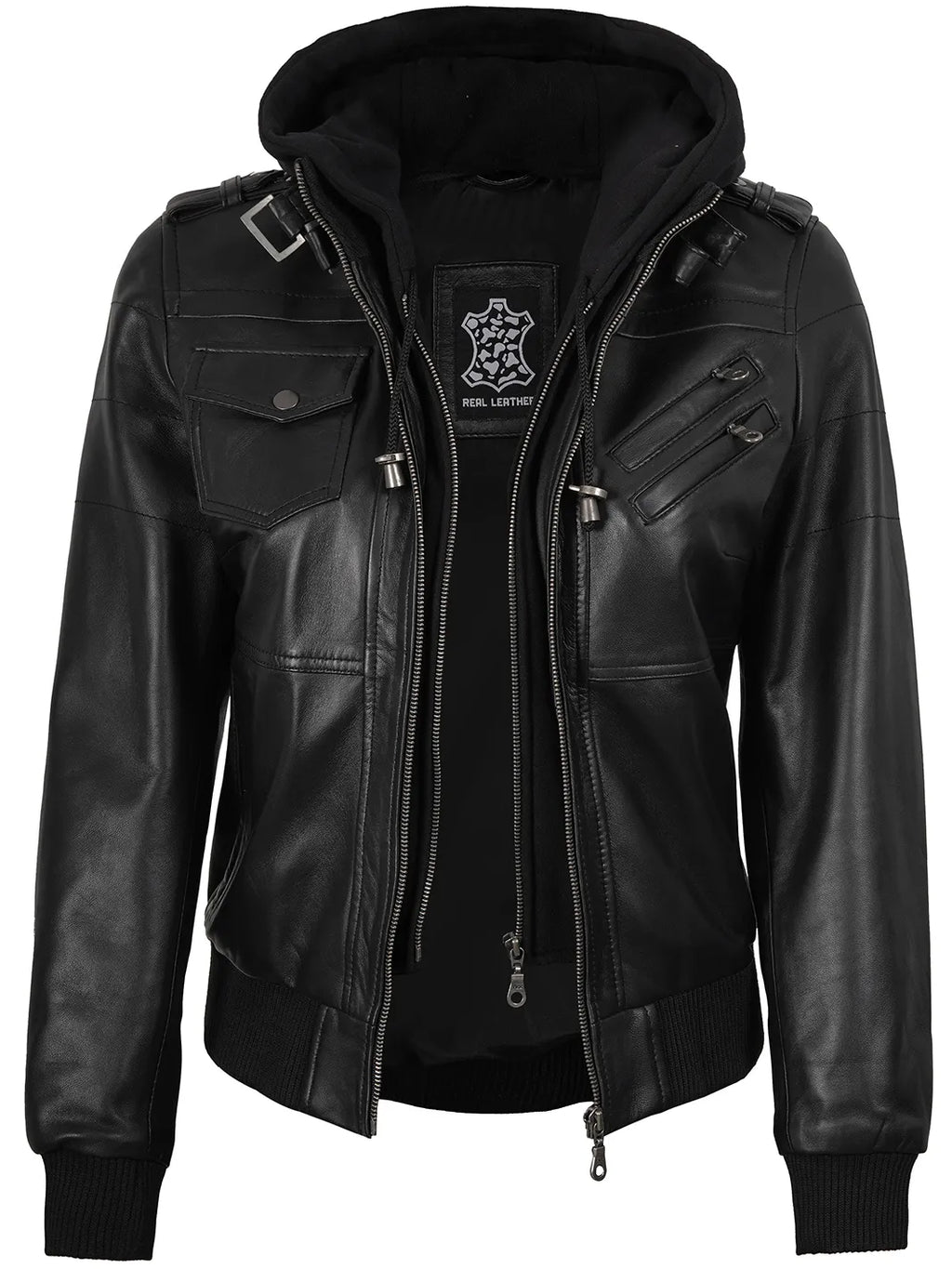 Edinburgh Women's Bomber Black Leather Jacket with Removable Hood