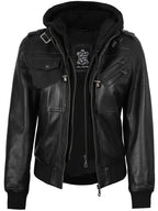 Edinburgh Women's Bomber Black Leather Jacket with Removable Hood