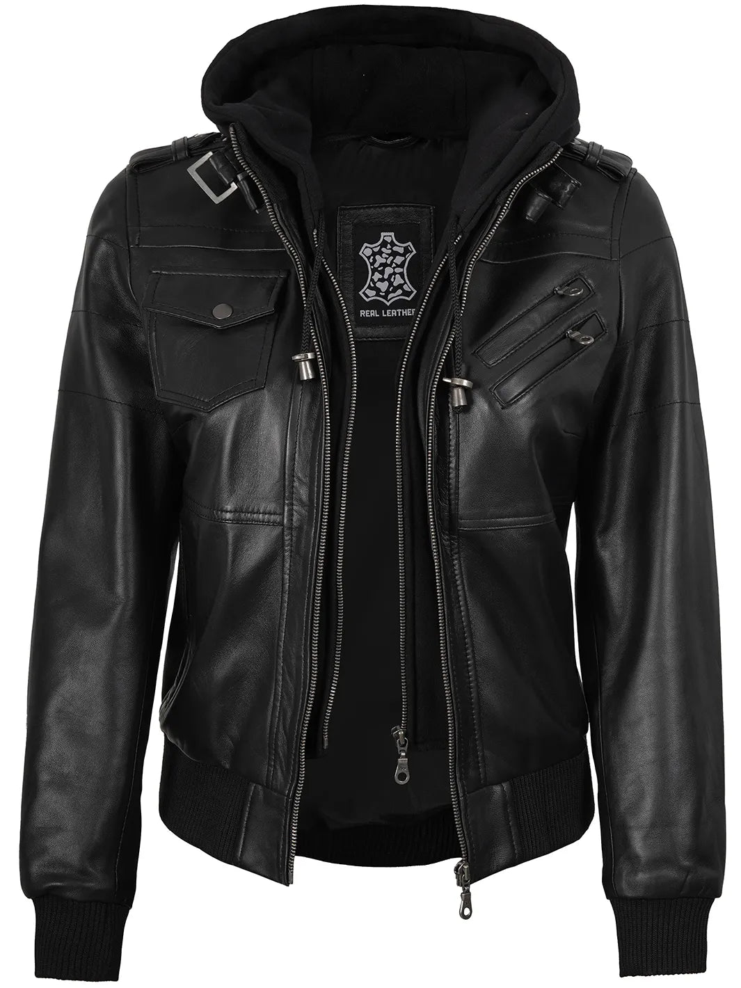 Edinburgh Women's Bomber Black Leather Jacket with Removable Hood
