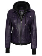 Women's Purple Leather Jacket with Removable Hood