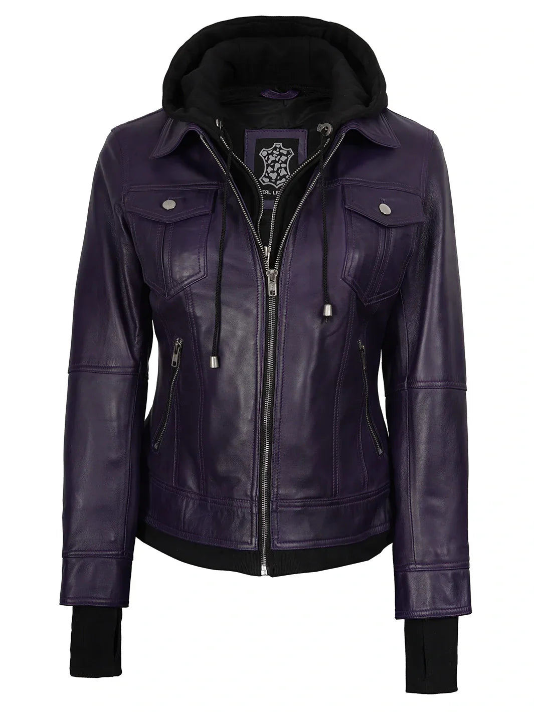 Women's Purple Leather Jacket with Removable Hood