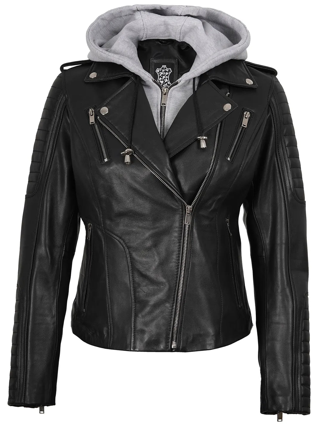 Womens Black Leather Biker Style Jacket With Removable Hood