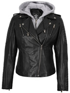 Womens Black Leather Biker Style Jacket With Removable Hood