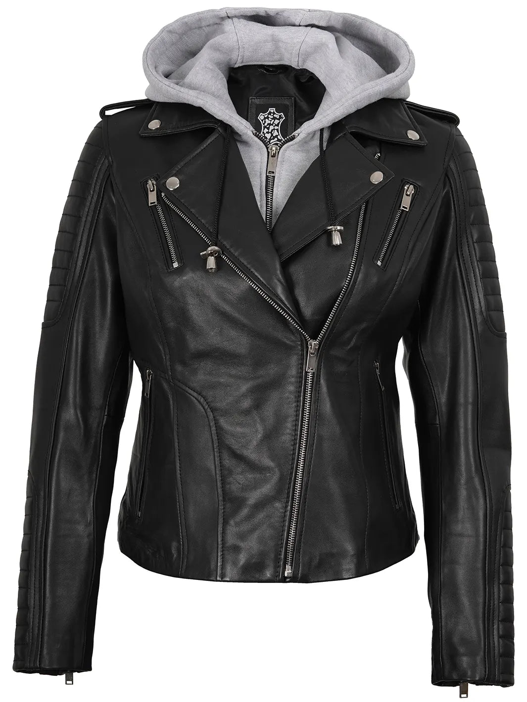 Womens Black Leather Biker Style Jacket With Removable Hood