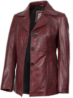Women's Real Leather Burgundy Blazer with Three Button