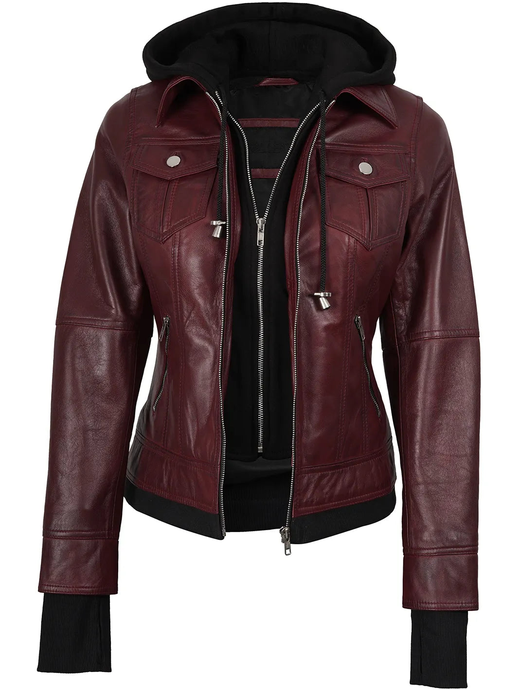Tralee Women's Maroon Bomber Leather Jacket with Hood