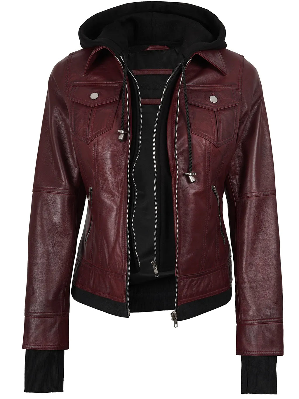 Tralee Women's Maroon Bomber Leather Jacket with Hood