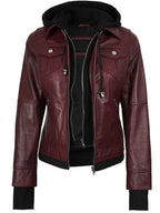 Tralee Women's Maroon Bomber Leather Jacket with Hood