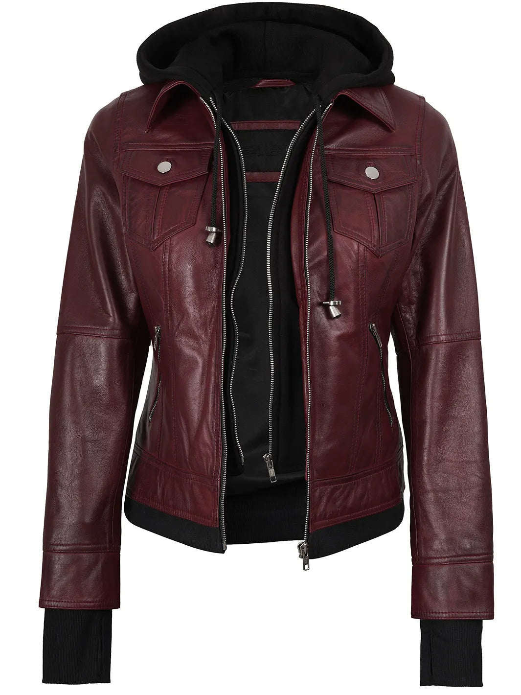 Tralee Women's Maroon Bomber Leather Jacket with Hood