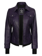 Women's Purple Leather Jacket with Removable Hood