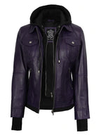 Women's Purple Leather Jacket with Removable Hood