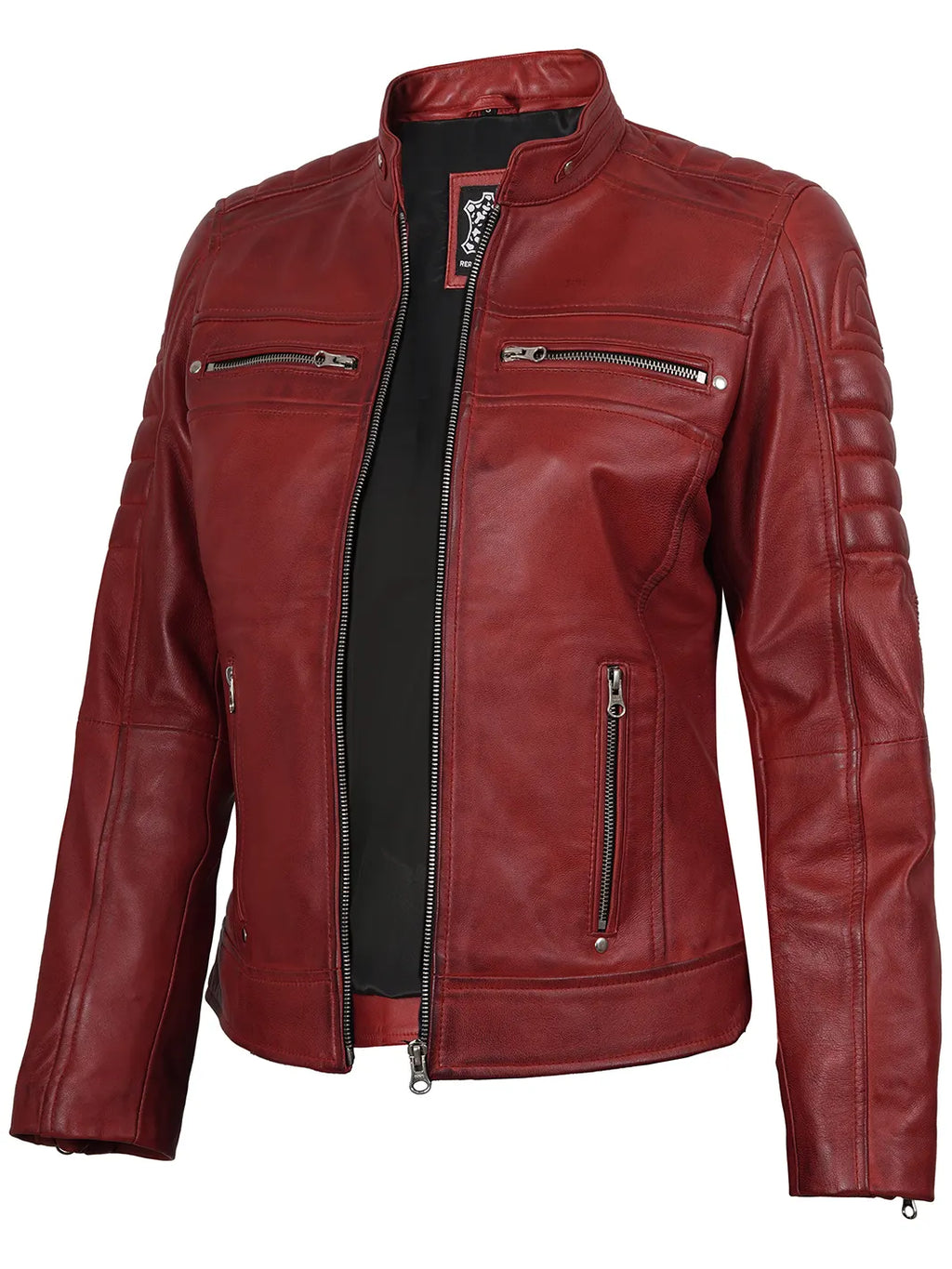 Austin Womens Red Cafe Racer Style Leather Jacket