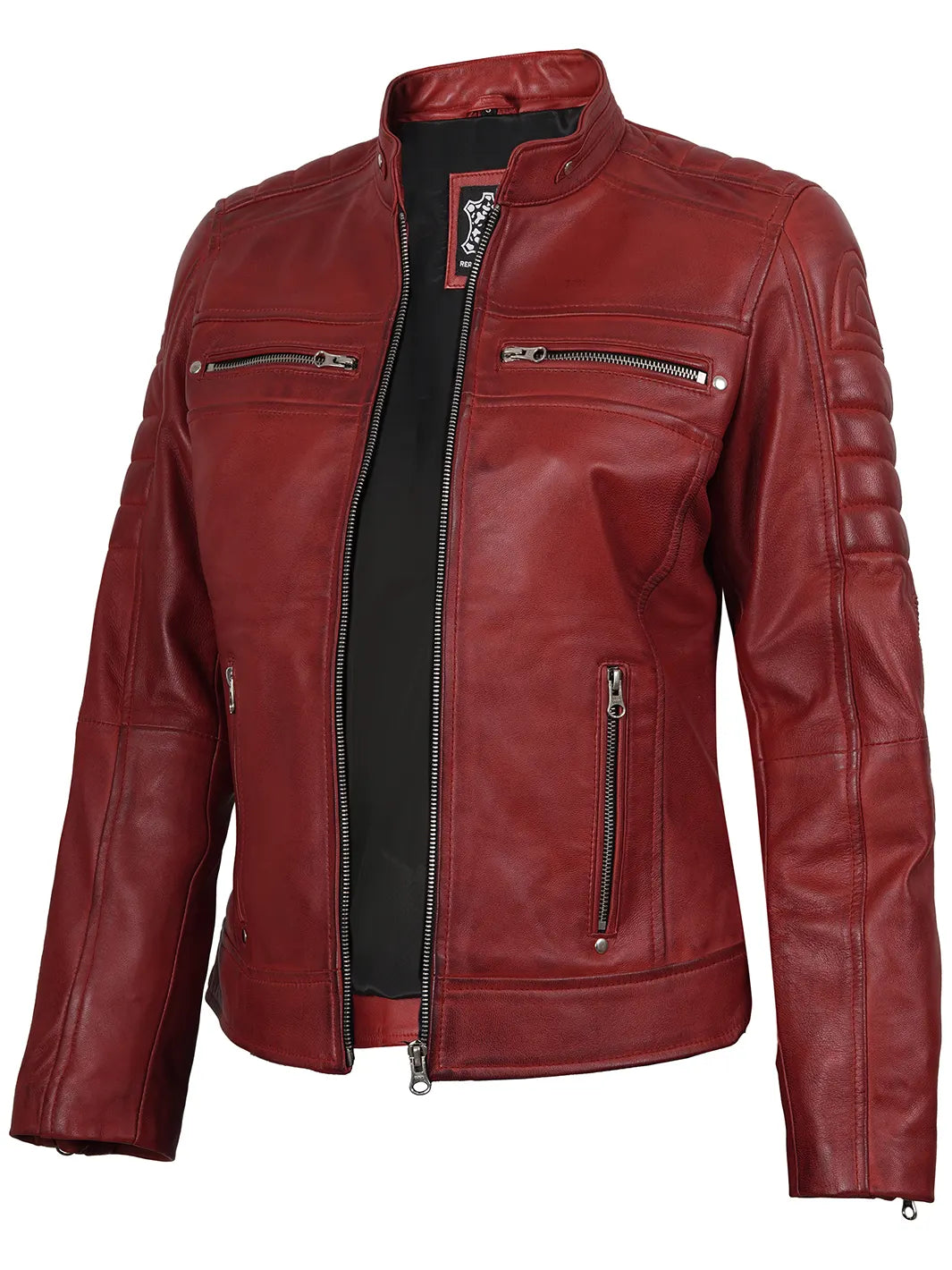 Austin Womens Red Cafe Racer Style Leather Jacket