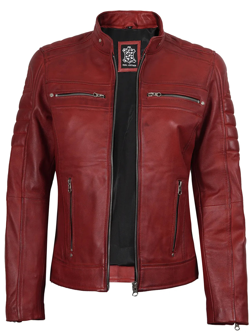 Austin Womens Red Cafe Racer Style Leather Jacket